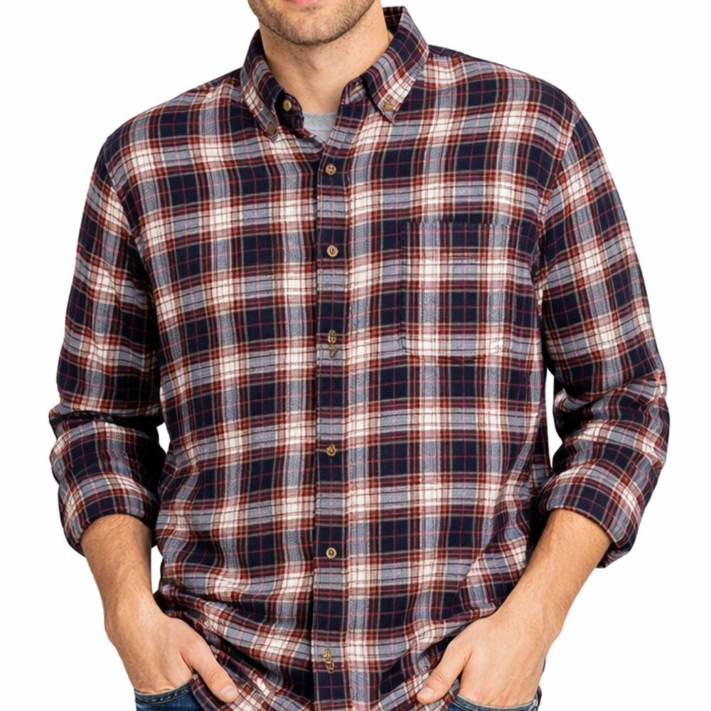 Croft & Barrow Mens XL Plaid Flannel Shirt Navy Red 100% Cotton Button Up Cabin